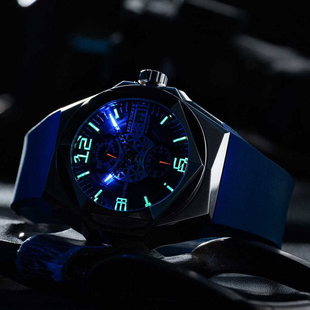 Reef Tiger Men's Black Shark Traveler Multifunctional Automatic Mechanical Dive Watch RGA6906 Silver/Black image 6