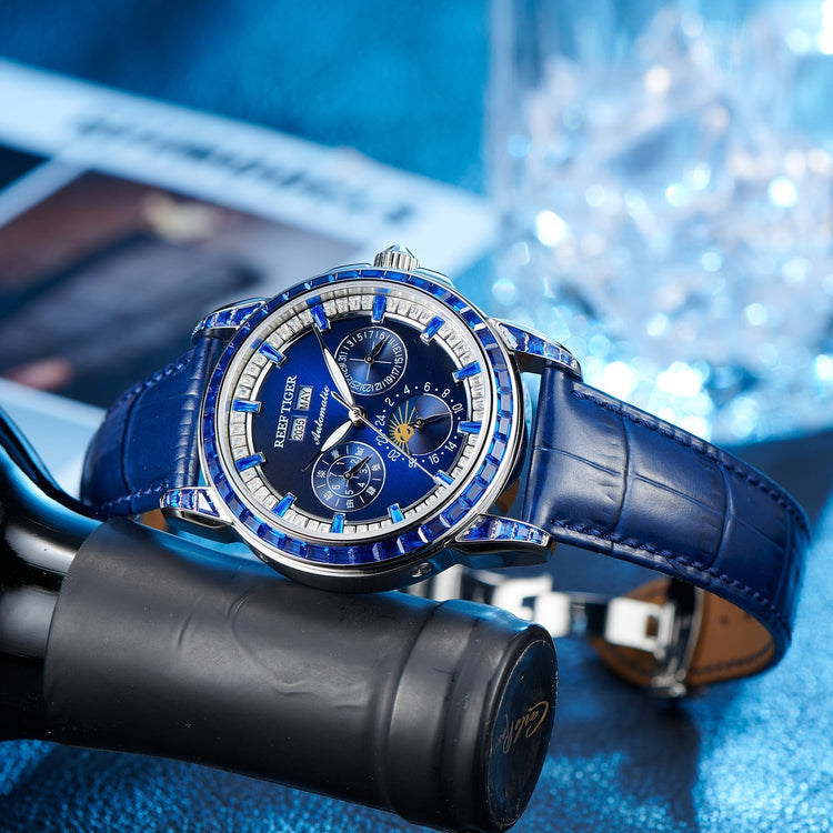 Reef Tiger Classic Philosopher Zirconia Bezel Multifunctional Mechanical Moon Phase Automatic Watch Blue Zircon RGA1988 image 6