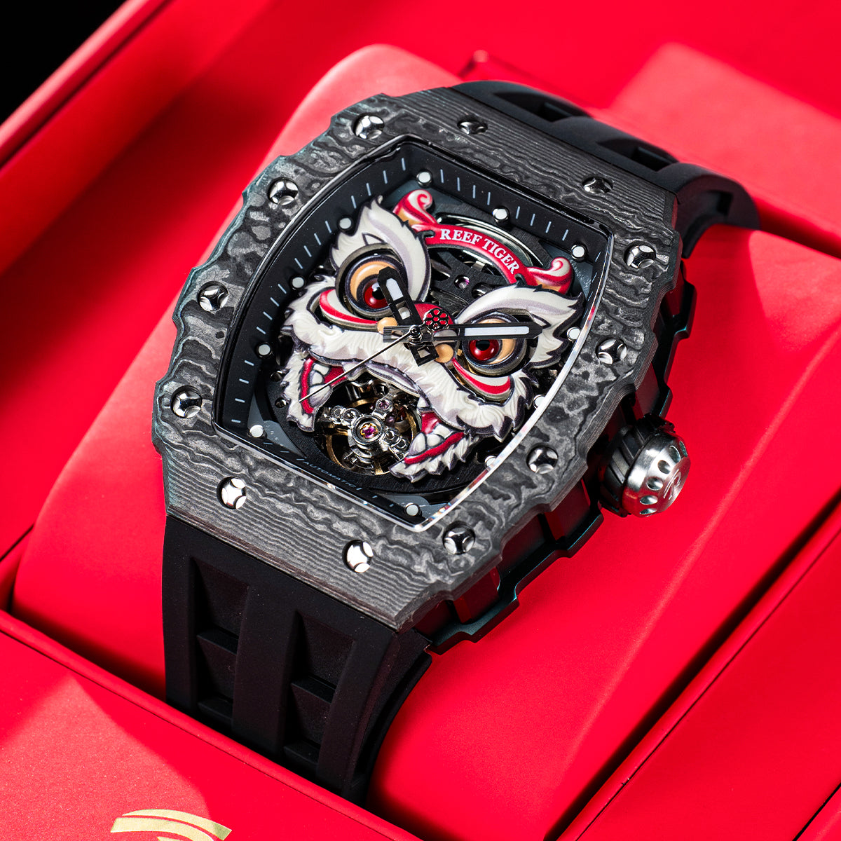 Reef Tiger Men's Chinese Lion Dance Automatic Skeleton Watch RGA3009 Black image 0