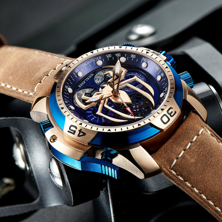 Reef Tiger Men's Aurora Spider Automatic Chronograph Watch Rose Gold/Blue image 2