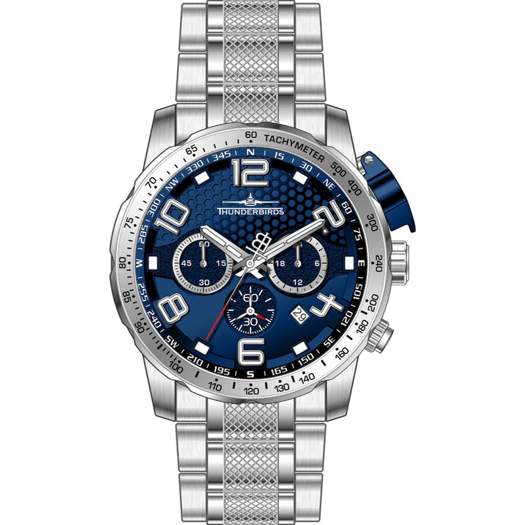 THUNDERBIRDS Aircraft Ejector Tachy Chronograph Steel Bracelet Watch Silver/Blue image 1