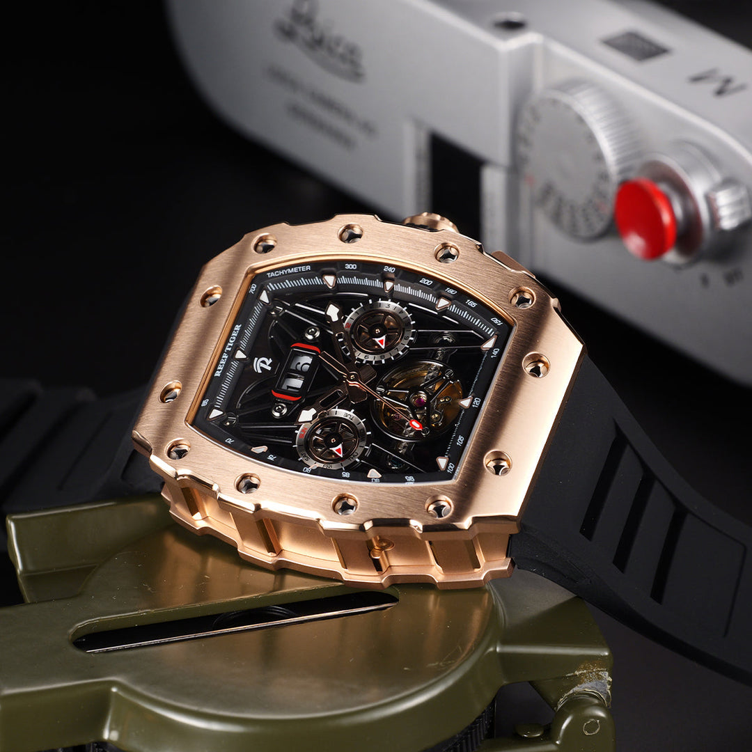 Reef Tiger Men's Aurora Titan Mechanical Multifunctional Day/Date Skeleton Automatic Watch RGA3009 Rose Gold image 7