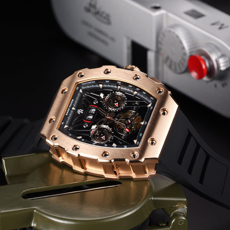 Reef Tiger Men's Aurora Titan Mechanical Multifunctional Day/Date Skeleton Automatic Watch RGA3009 Rose Gold image 7