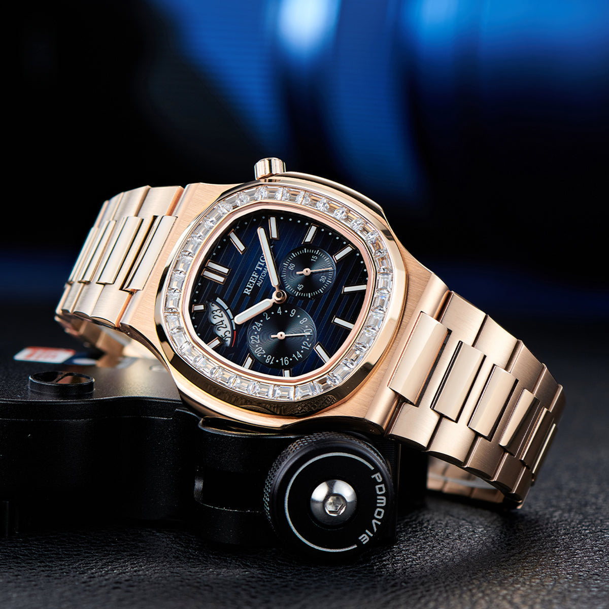 Reef Tiger Men's Peak 44mm Square Crystal Bezel Automatic Watch RGA2019 Rose Gold/Blue image 0