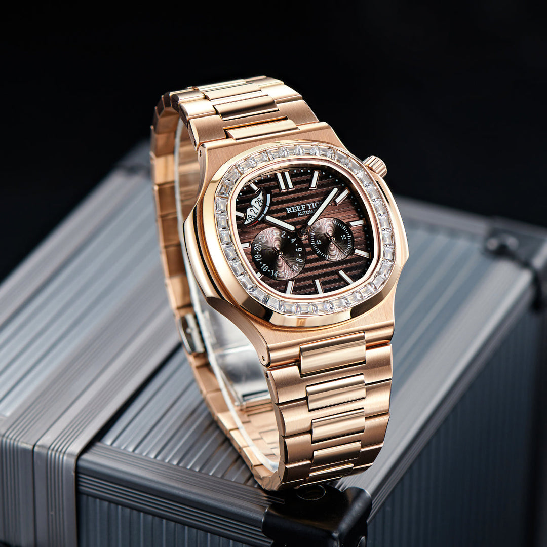 Reef Tiger Men's Peak 44mm Square Crystal Bezel Automatic Watch RGA2019 Rose Gold/Brown image 4