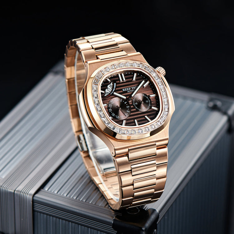 Reef Tiger Men's Peak 44mm Square Crystal Bezel Automatic Watch RGA2019 Rose Gold/Brown image 4