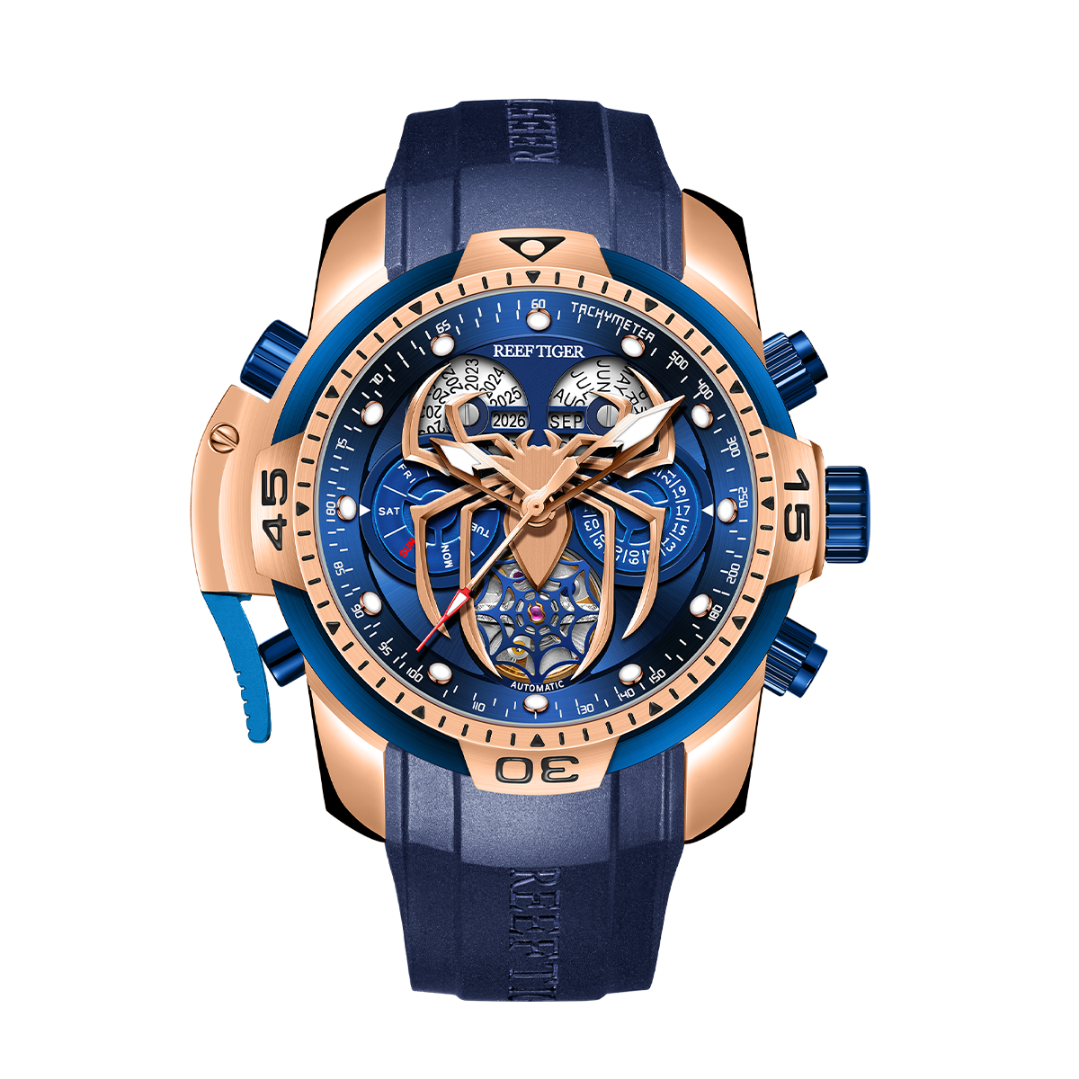 Reef Tiger Men's Aurora Spider Automatic Chronograph Watch Rose Gold/Blue image 0
