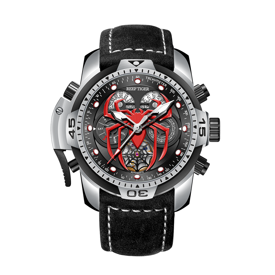 Reef Tiger Men's Aurora Spider Automatic Chronograph Watch Silver/Red - Leather image