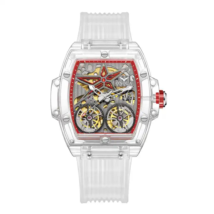 ONOLA Clear Series Plastic Transparent Maximus Double Barrel AUTOMATIC Watch - Clear / Red Trim image