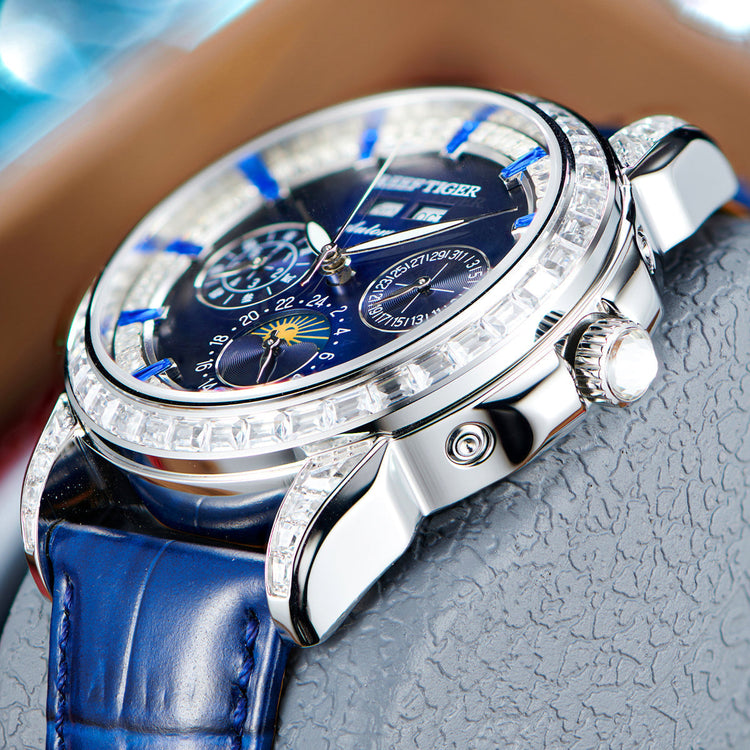 Reef Tiger Classic Philosopher Zirconia Bezel Multifunctional Mechanical Moon Phase Automatic Watch Blue RGA1988 image 5