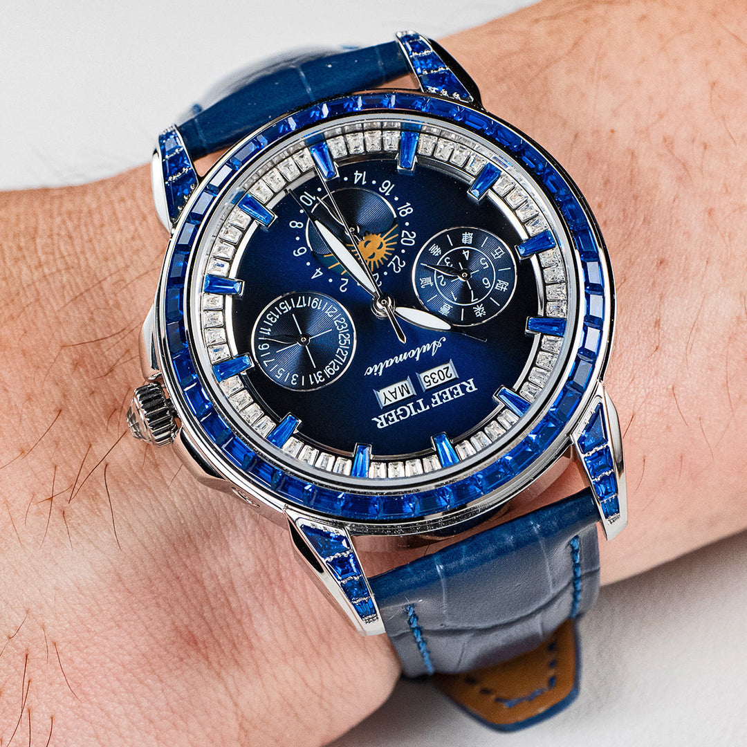 Reef Tiger Classic Philosopher Zirconia Bezel Multifunctional Mechanical Moon Phase Automatic Watch Blue Zircon RGA1988 image 4