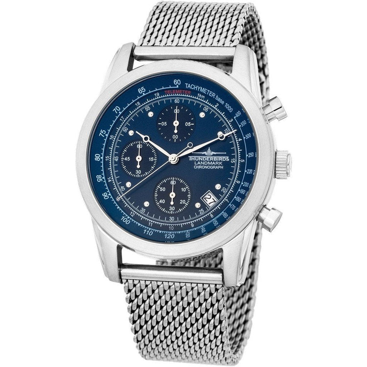 THUNDERBIRDS Landmark Chronograph Milanese Bracelet Watch Silver/Blue image 0