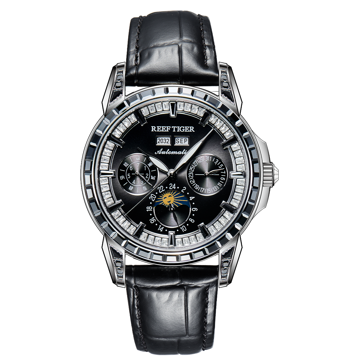 Reef Tiger Classic Philosopher Zirconia Bezel Multifunctional Mechanical Moon Phase Automatic Watch Black RGA1988 image 0
