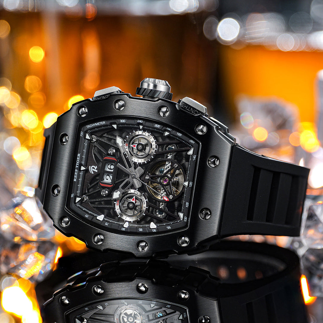 Reef Tiger Men's Aurora Titan Mechanical Multifunctional Day/Date Skeleton Automatic Watch RGA3009 Black image 2