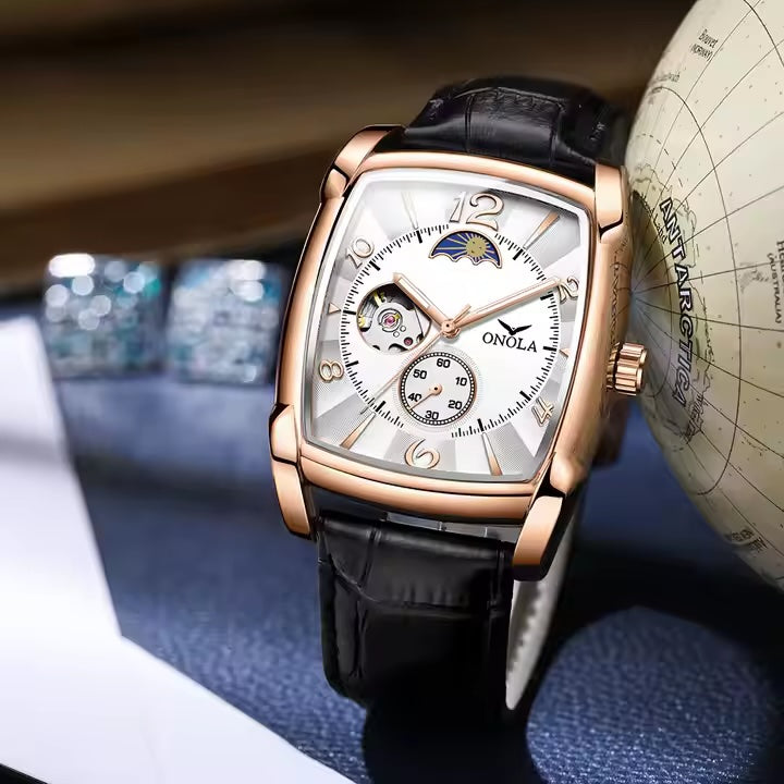 ONOLA Classic Automatic Moonphase Easy Read Tonneux Open Heart Leather Watch image 4