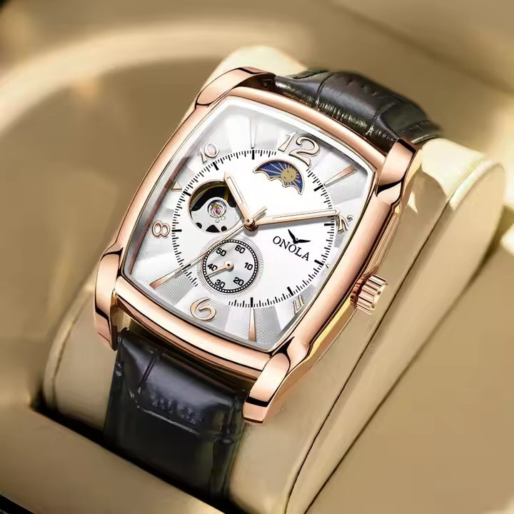 ONOLA Classic Automatic Moonphase Easy Read Tonneux Open Heart Leather Watch image 5
