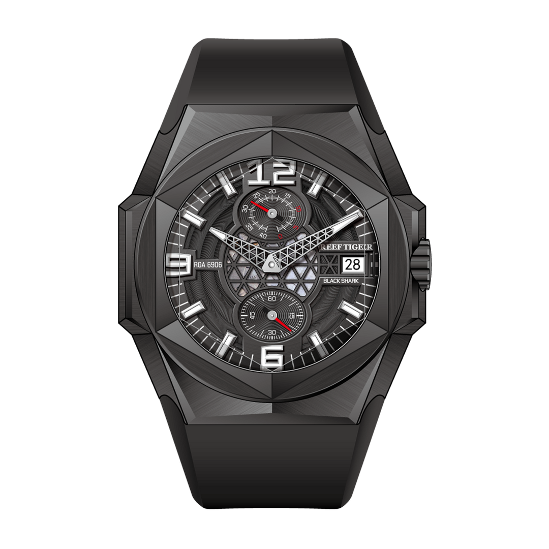 Reef Tiger Men's Black Shark Traveler Multifunctional Automatic Mechanical Dive Watch RGA6906 Black image 0