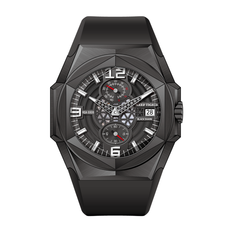 Reef Tiger Men's Black Shark Traveler Multifunctional Automatic Mechanical Dive Watch RGA6906 Black image 0