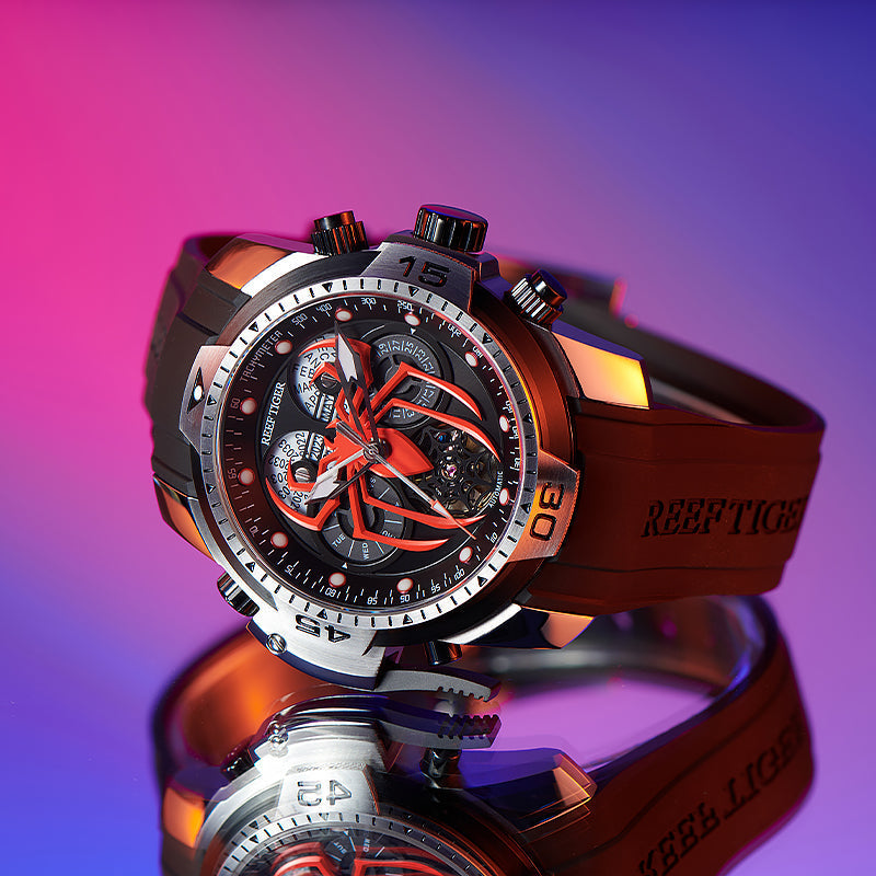 Reef Tiger Men's Aurora Spider Automatic Chronograph Watch Silver/Red image 5