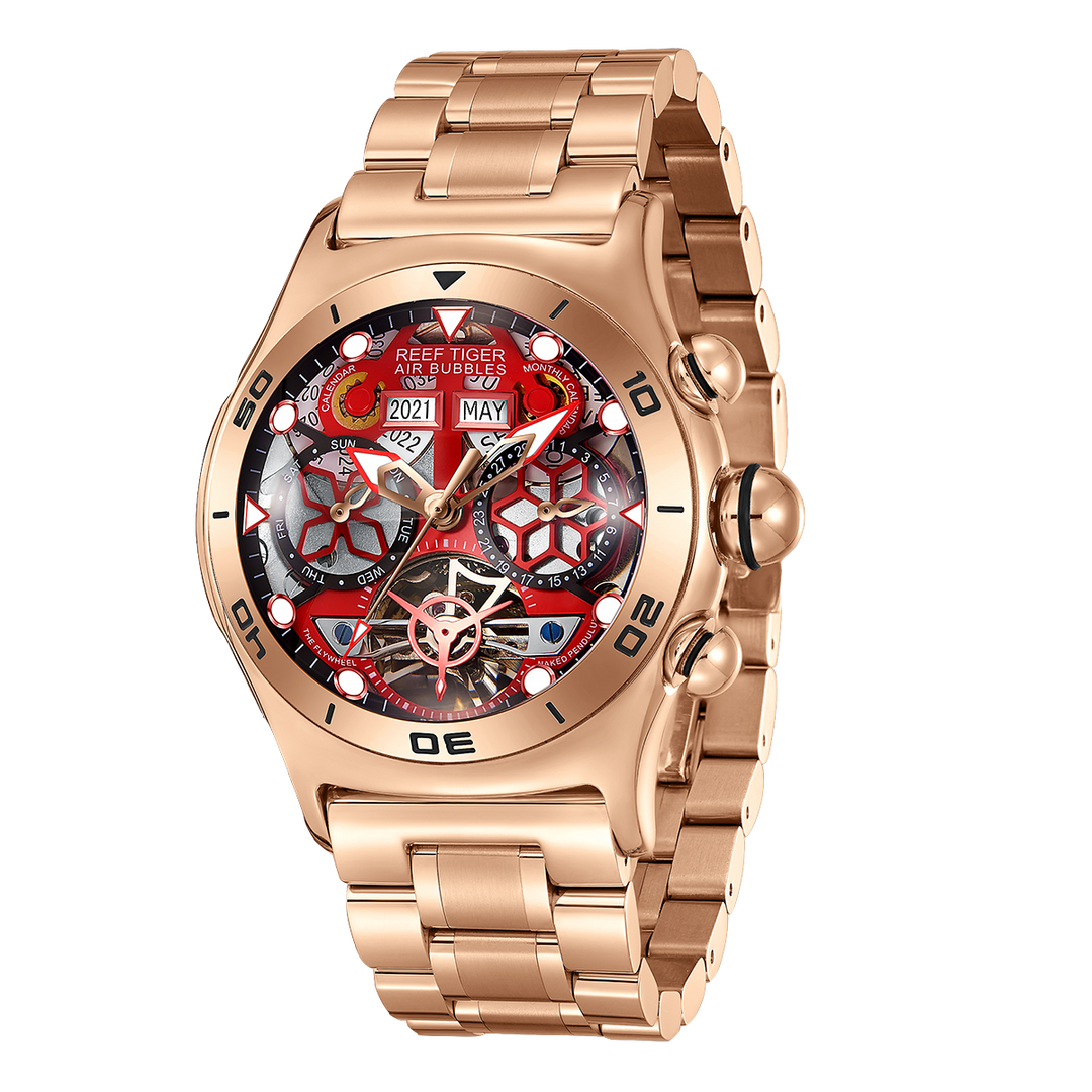 Reef Tiger Men's Aurora Air Bubbles Automatic Mechanical Skeleton Watch Rose Gold/Camel - Steel image