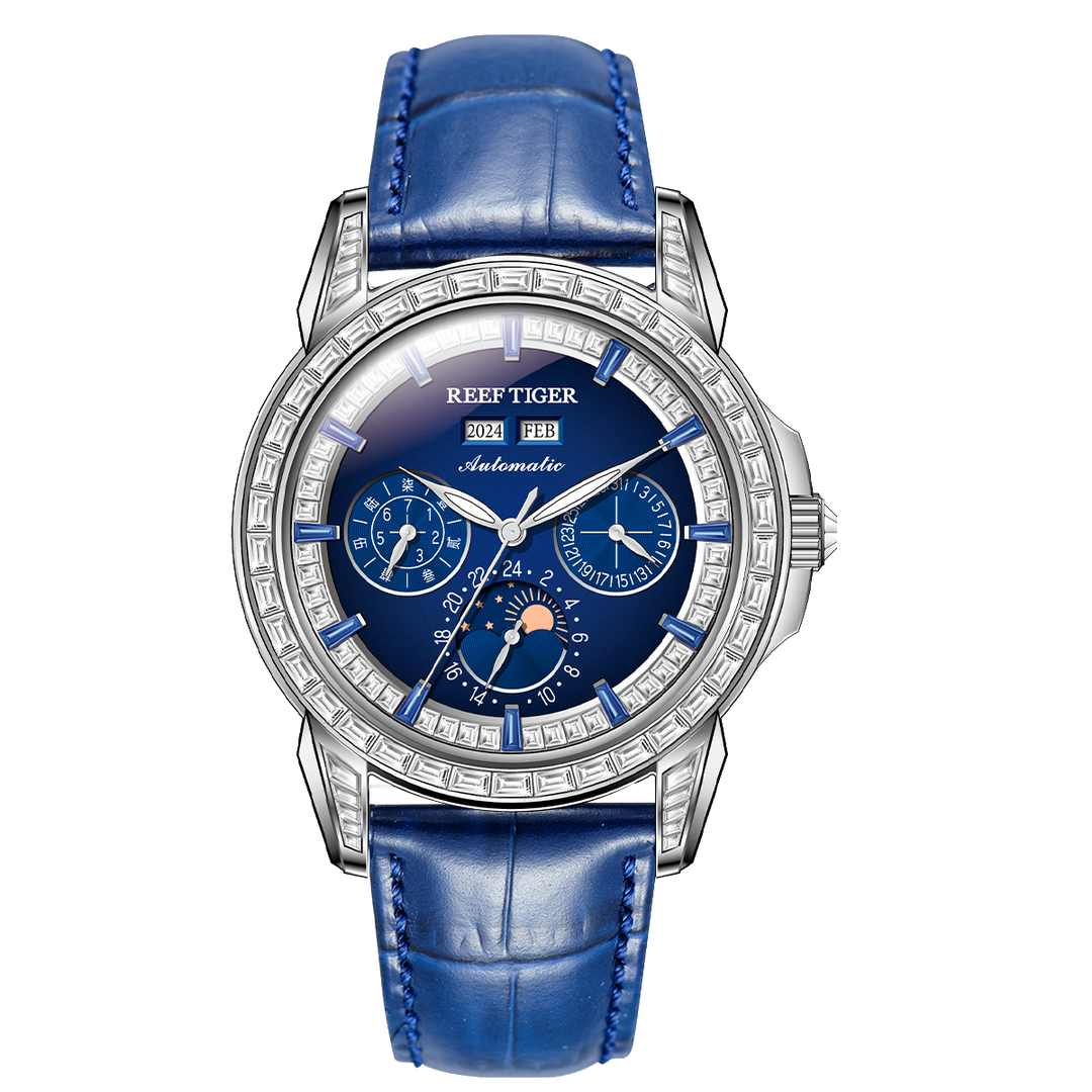 Reef Tiger Classic Philosopher Zirconia Bezel Multifunctional Mechanical Moon Phase Automatic Watch Blue RGA1988 image 0