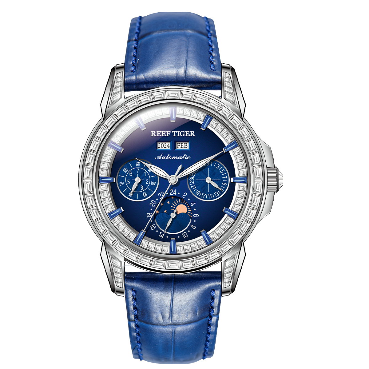 Reef Tiger Classic Philosopher Zirconia Bezel Multifunctional Mechanical Moon Phase Automatic Watch Blue RGA1988 image 0