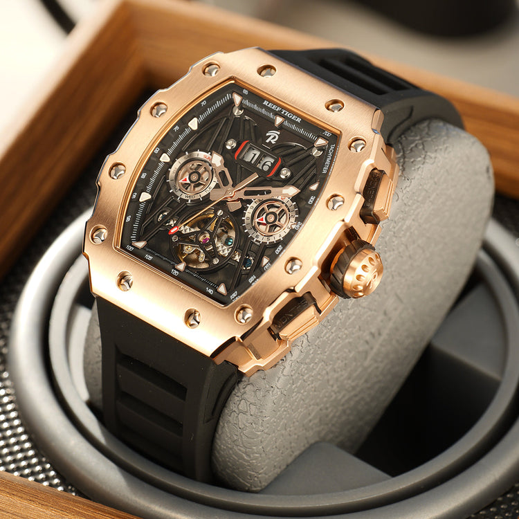 Reef Tiger Men's Aurora Titan Mechanical Multifunctional Day/Date Skeleton Automatic Watch RGA3009 Rose Gold image 12