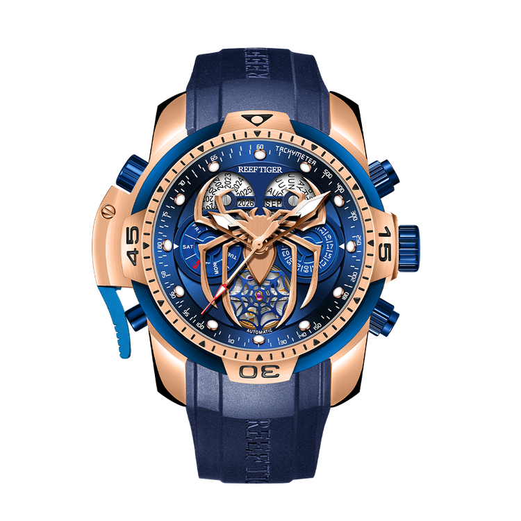 Reef Tiger Men's Aurora Spider Automatic Chronograph Watch Rose Gold/Blue - Rubber image