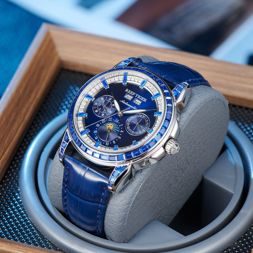 Reef Tiger Classic Philosopher Zirconia Bezel Multifunctional Mechanical Moon Phase Automatic Watch Blue Zircon RGA1988 image 2