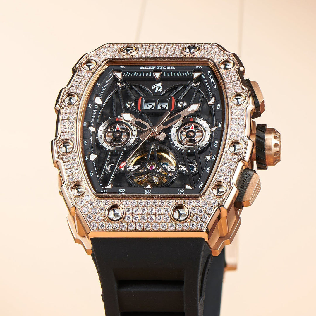 Reef Tiger Men's Aurora Titan Mechanical Multifunctional Day/Date Skeleton Automatic Watch RGA3009 Rose Gold - Zirconia image
