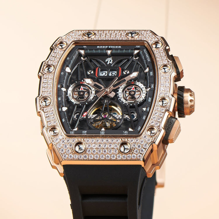 Reef Tiger Men's Aurora Titan Mechanical Multifunctional Day/Date Skeleton Automatic Watch RGA3009 Rose Gold - Zirconia image