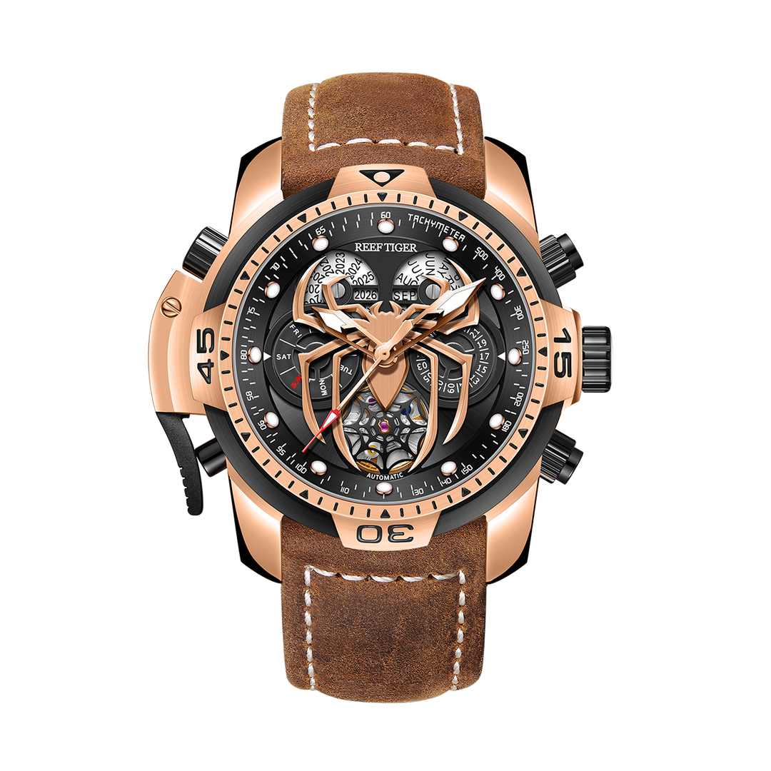 Reef Tiger Men's Aurora Spider Automatic Chronograph Watch Rose Gold/Black - Leather image