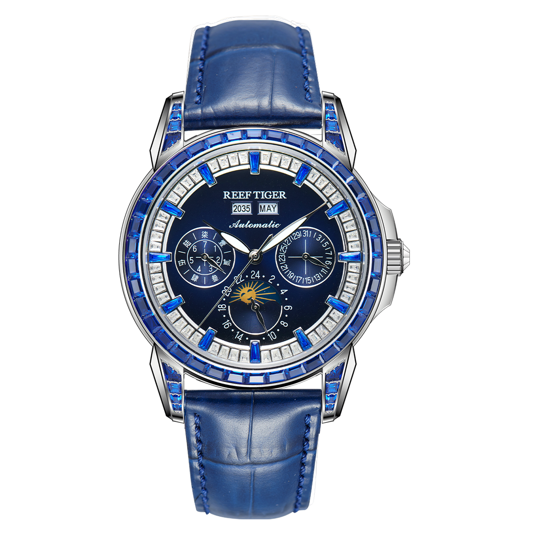 Reef Tiger Classic Philosopher Zirconia Bezel Multifunctional Mechanical Moon Phase Automatic Watch Blue Zircon RGA1988 image 0