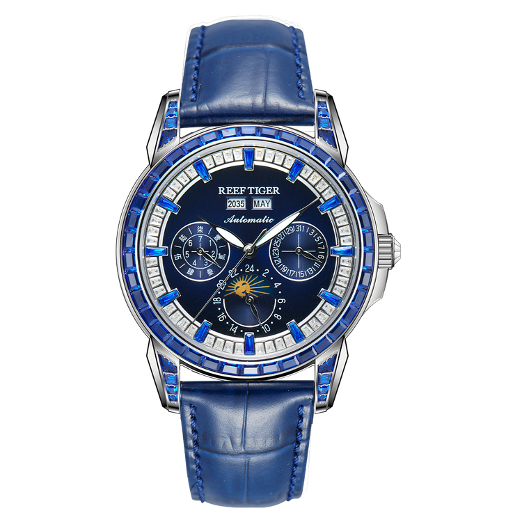 Reef Tiger Classic Philosopher Zirconia Bezel Multifunctional Mechanical Moon Phase Automatic Watch Blue Zircon RGA1988 image 0