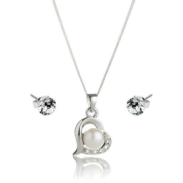 BRITISH JEWELLERS Freshwater Pearl Love Pendant and Solo Stud Earrings Set