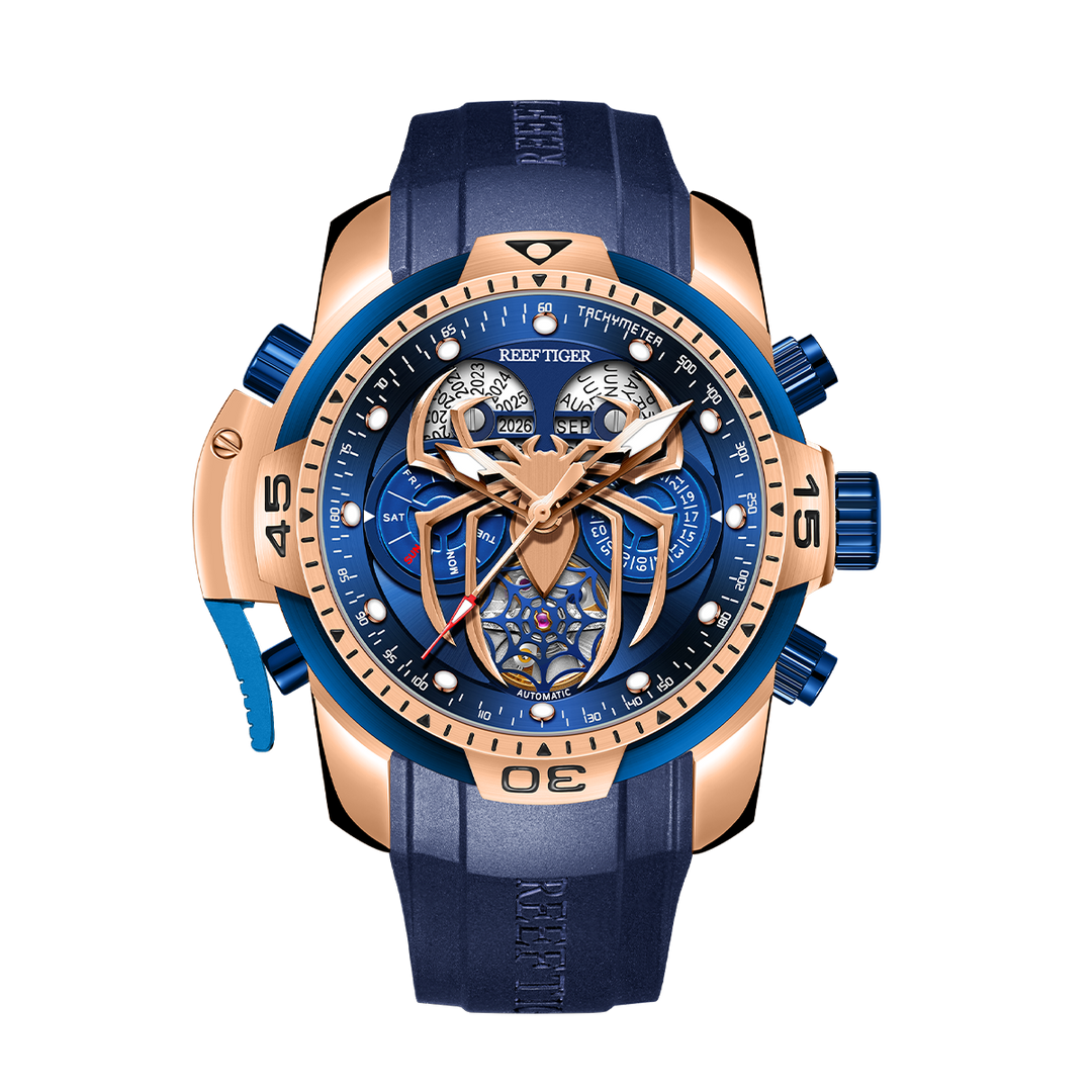 Reef Tiger Men's Aurora Spider Automatic Chronograph Watch Rose Gold/Blue image 10