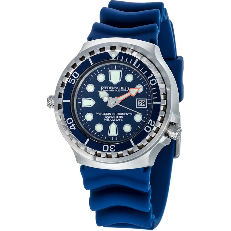 RIEDENSCHILD PRECISION INSRUMENTS GERMANY Divers Taucheruhr 1000m Helium Valve Watch Silver/Blue image 0