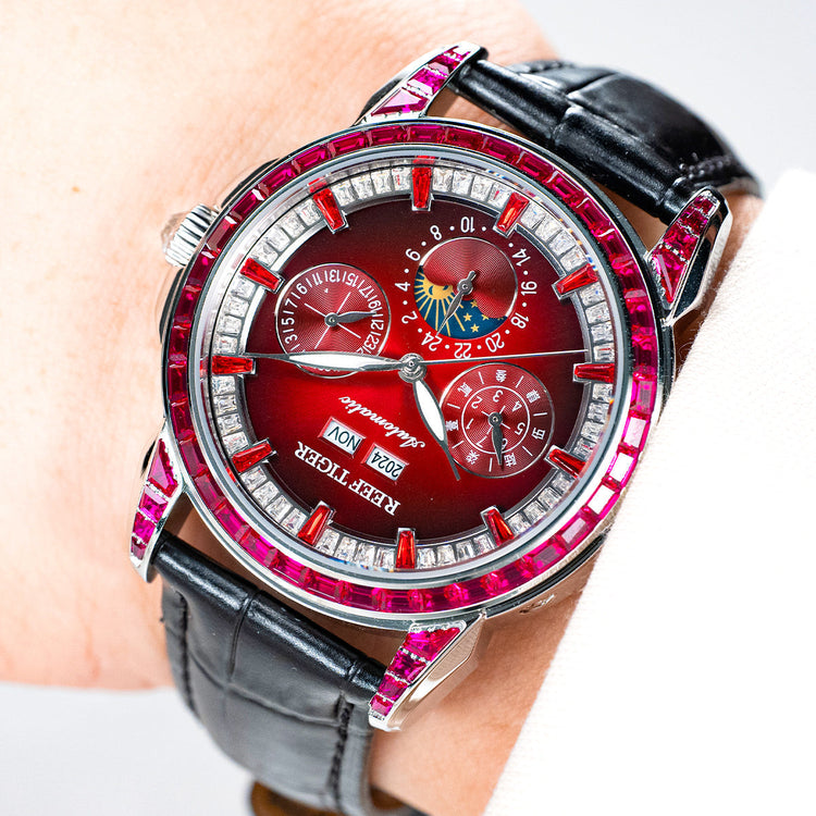 Reef Tiger Classic Philosopher Zirconia Bezel Multifunctional Mechanical Moon Phase Automatic Watch Burgandy RGA1988 image 3