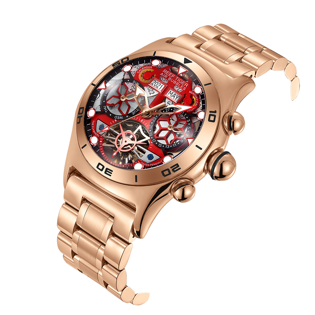 Reef Tiger Men's Aurora Air Bubbles Automatic Mechanical Skeleton Watch Rose Gold/Camel image 5