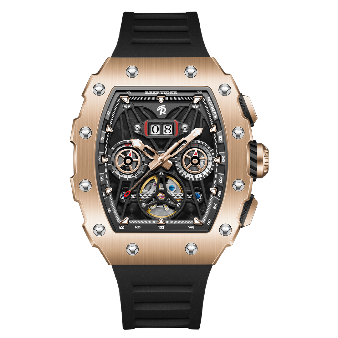 Reef Tiger Men's Aurora Titan Mechanical Multifunctional Day/Date Skeleton Automatic Watch RGA3009 Rose Gold image 0