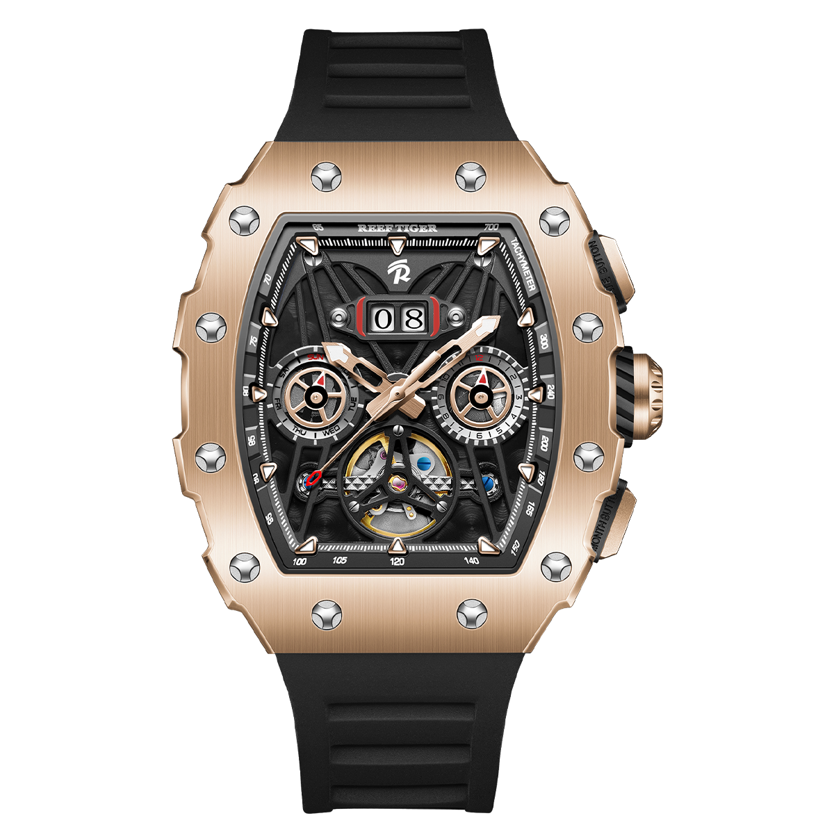 Reef Tiger Men's Aurora Titan Mechanical Multifunctional Day/Date Skeleton Automatic Watch RGA3009 Rose Gold image 0