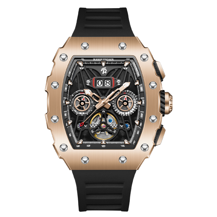 Reef Tiger Men's Aurora Titan Mechanical Multifunctional Day/Date Skeleton Automatic Watch RGA3009 Rose Gold image 0