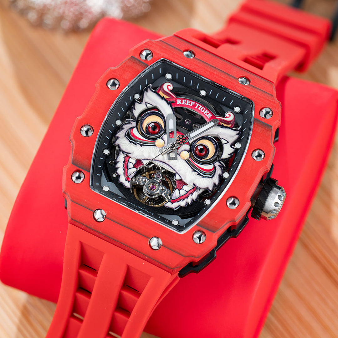 Reef Tiger Men's Chinese Lion Dance Automatic Skeleton Watch RGA3009 Red image 6