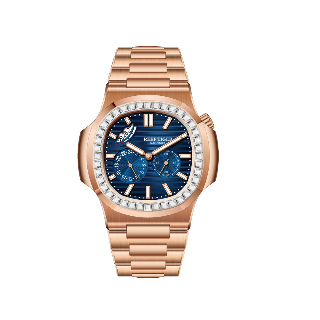 Reef Tiger Men's Peak 44mm Square Crystal Bezel Automatic Watch RGA2019 Rose Gold/Blue - Zirconia Bezel image