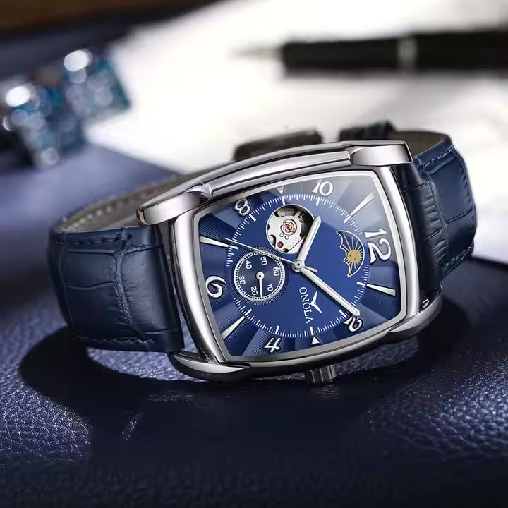 ONOLA Classic Automatic Moonphase Easy Read Tonneux Open Heart Leather Watch image 1
