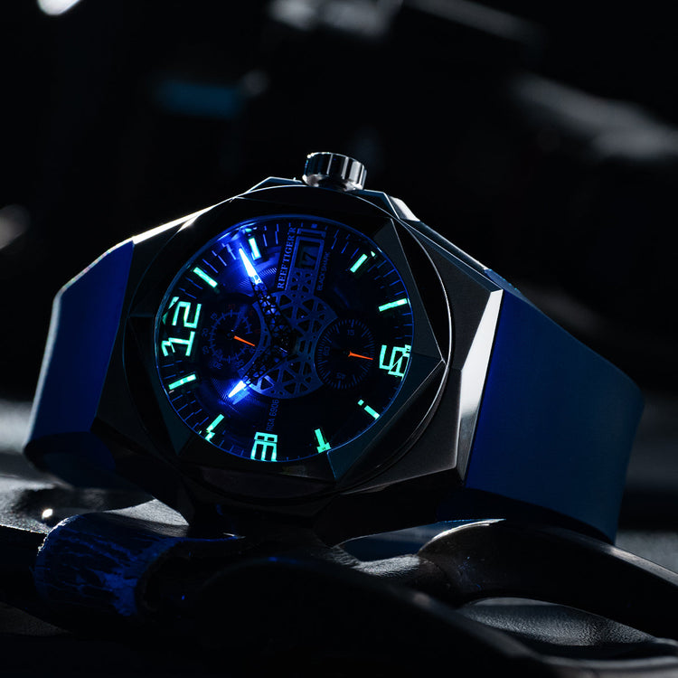 Reef Tiger Men's Black Shark Traveler Multifunctional Automatic Mechanical Dive Watch RGA6906 Blue image 4
