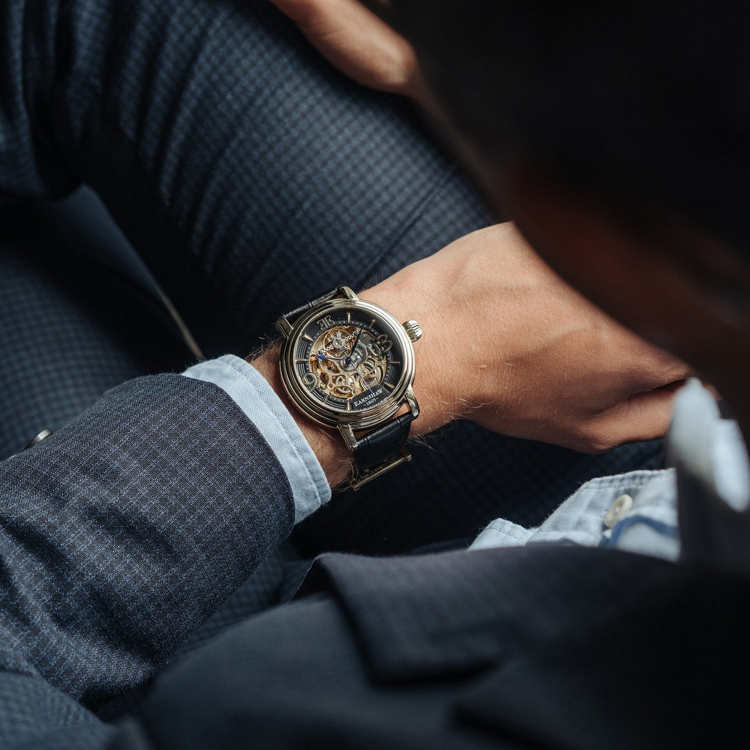 THOMAS EARNSHAW LONGCASE GRANDE SKELETON AUTOMATIC Laurel Gold