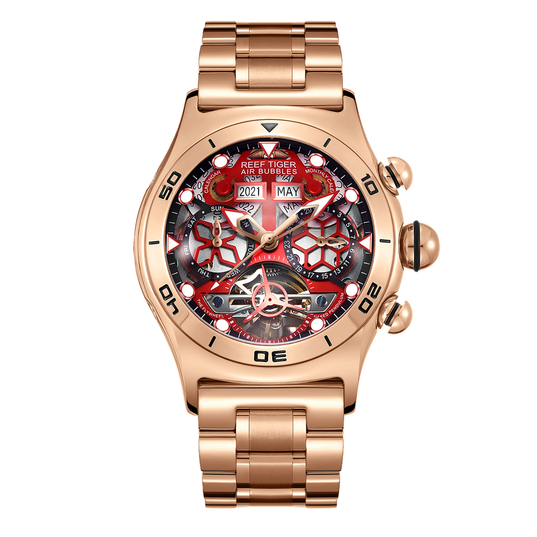 Reef Tiger Men's Aurora Air Bubbles Automatic Mechanical Skeleton Watch Rose Gold/Camel image 0