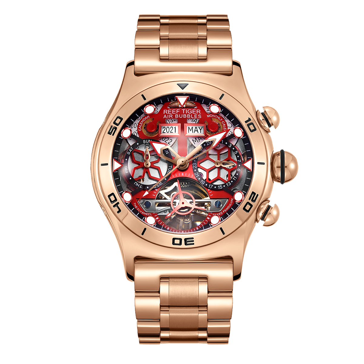 Reef Tiger Men's Aurora Air Bubbles Automatic Mechanical Skeleton Watch Rose Gold/Camel image 0