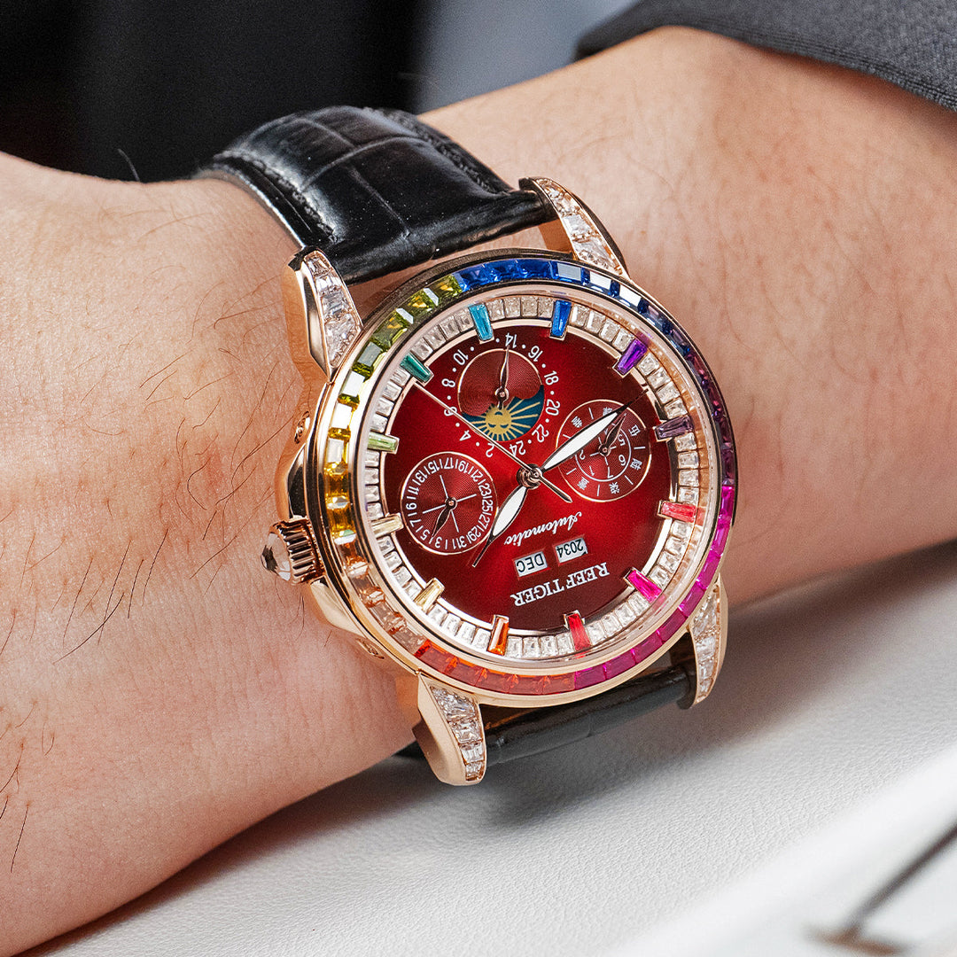 Reef Tiger Classic Philosopher Zirconia Bezel Multifunctional Mechanical Moon Phase Automatic Watch Rose Gold/Burgandy RGA1988 image 2